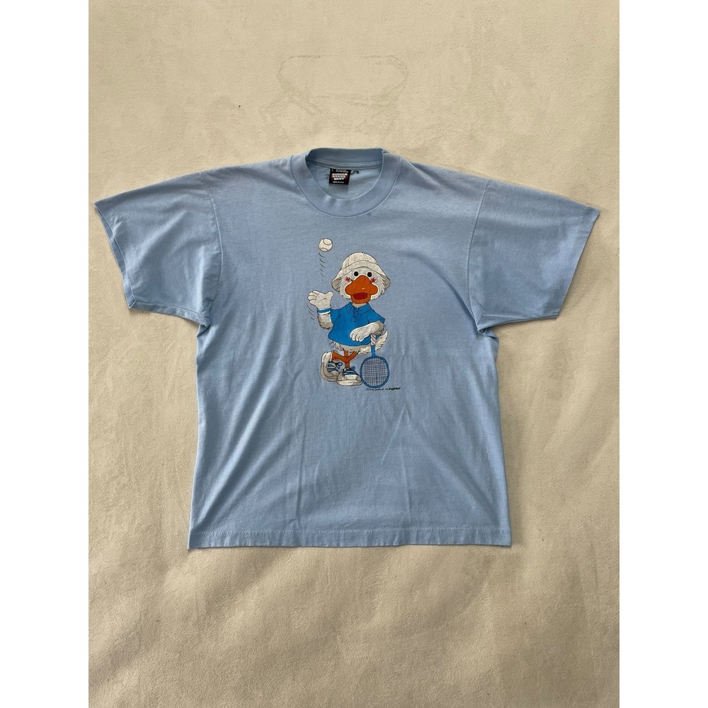 Vintage 1986 Suzy Zoo Witzy Duck Tennis T-Shirt Screen Stars Blue Single Stitch